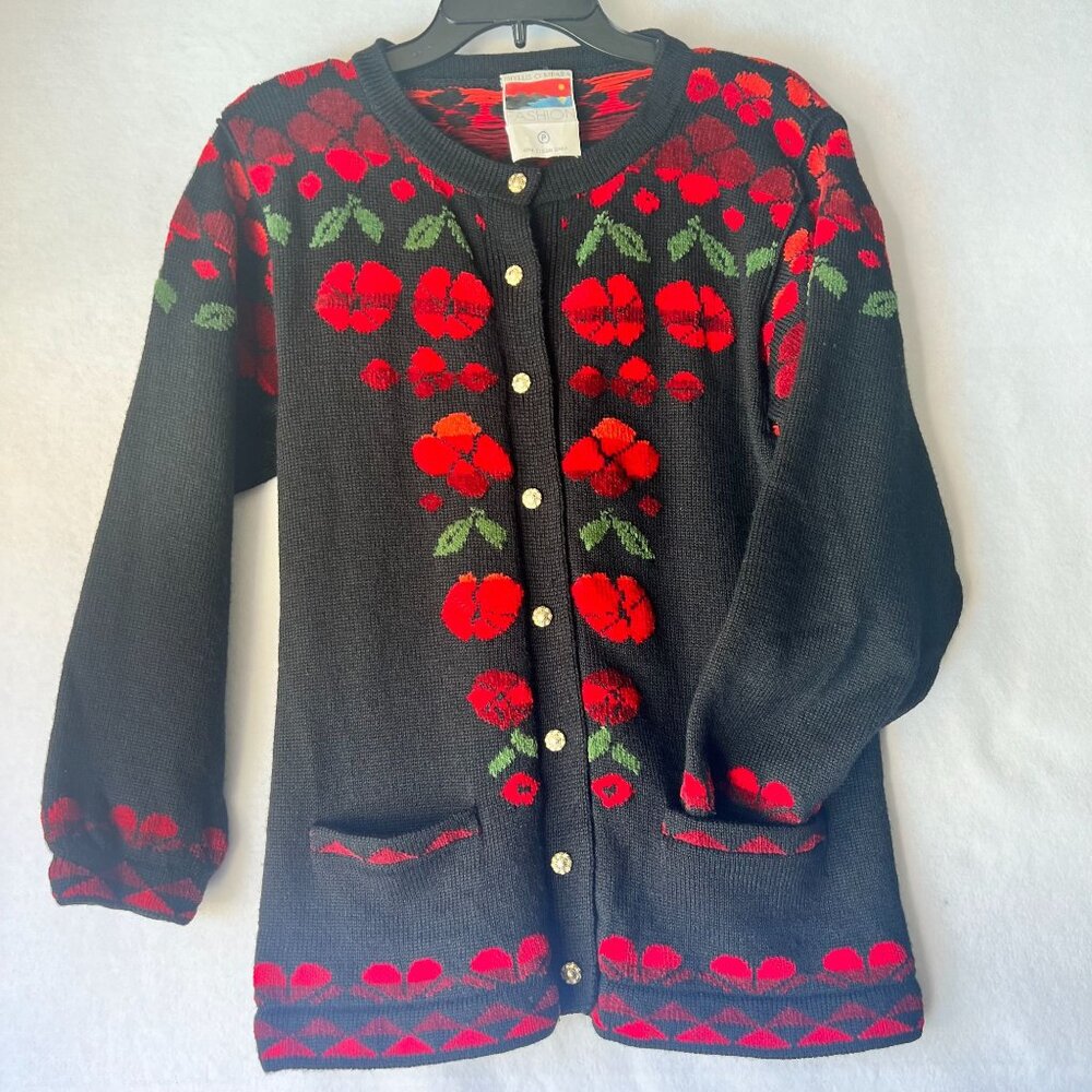 Vintage Floral Cardigan Phyllis OMeara Black & Red Floral Pattern Sweater Size P